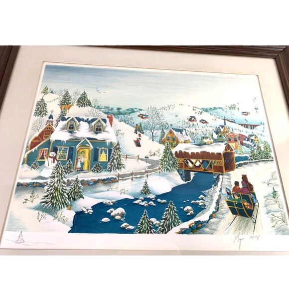 Vintage Framed Matted Lithograph Home for the Holidays Signed by Robert LoGrippo - Picture 8 of 8
